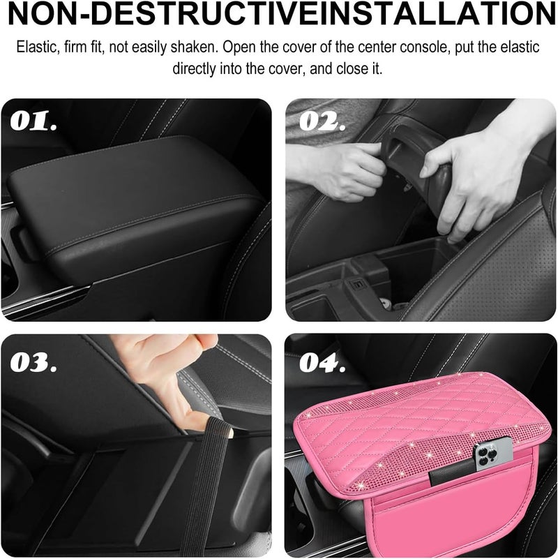 NBTEPEM Bling Pink Car Center Console Cover, Leather Middle Console Cover with 2 Storage Bags, Universal Arm Rest Cover Protector, Bling Car Accessories Interior Fit for Most Vehicles, Pink Leather - Image 5